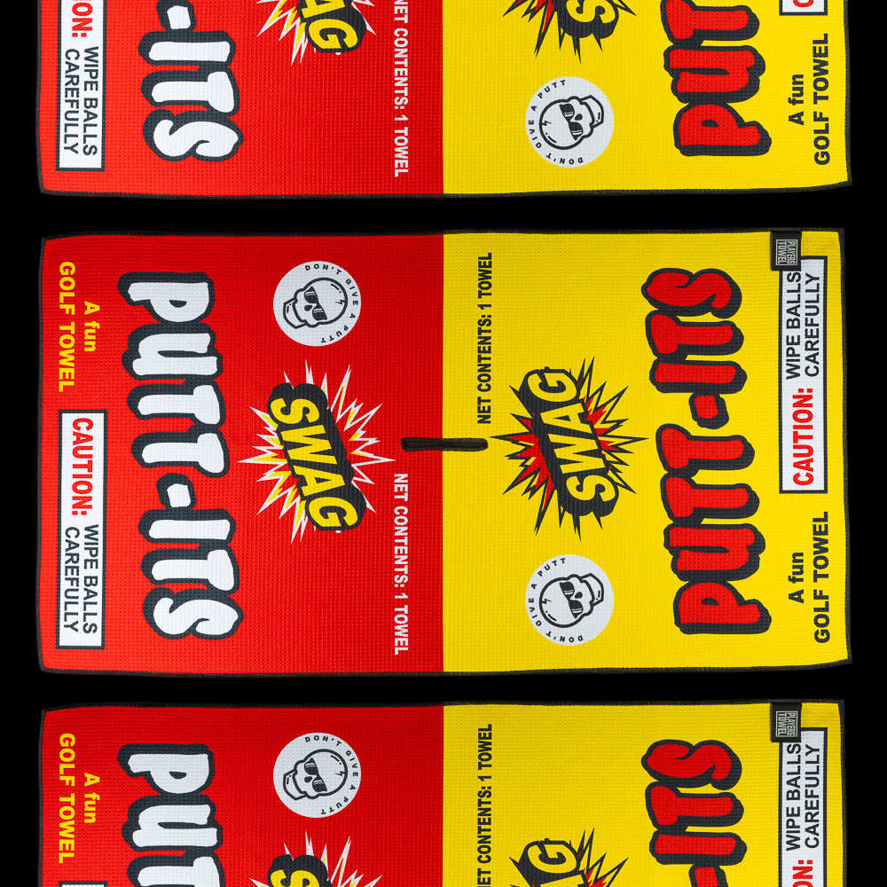 Putt-Its Players Towel yellow and red golf towel accessory.