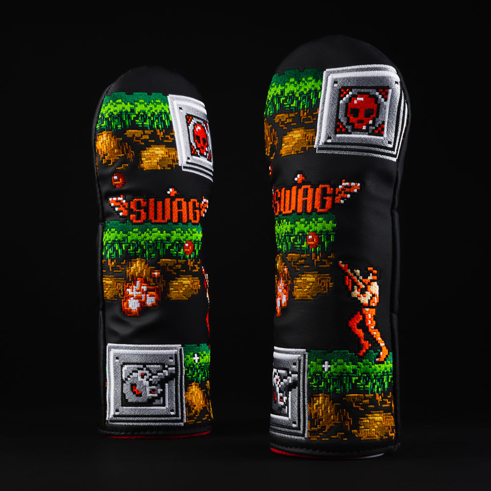 8-bit 30 lives black multi-colored arcade game themed fairway wood golf club head cover made in the USA.