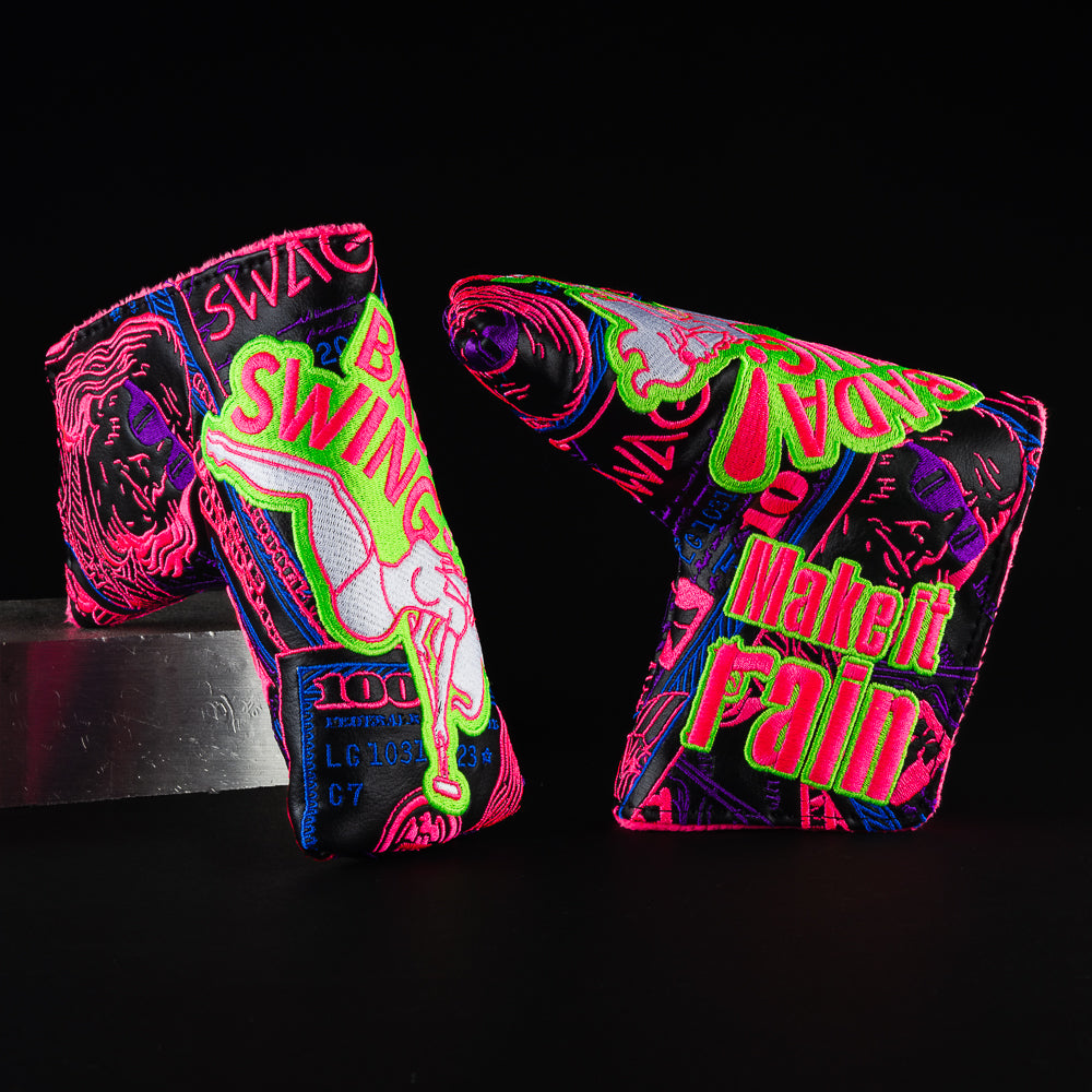 Bada Swing 2.0 neon sign themed blade putter golf club head cover made in the USA.