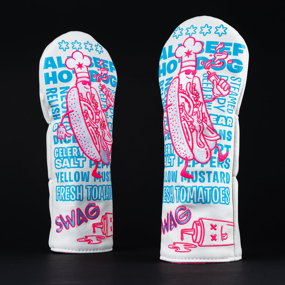 Swag Chicago style hot dog 2.0 white, pink and blue fairway golf head cover made in the USA.