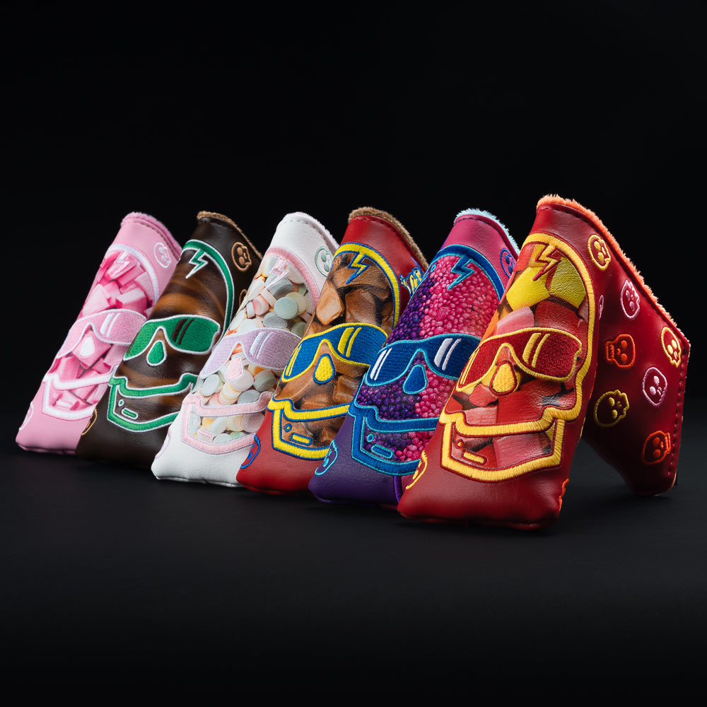 Candy themed skulls blade golf putter head cover made in the USA.
