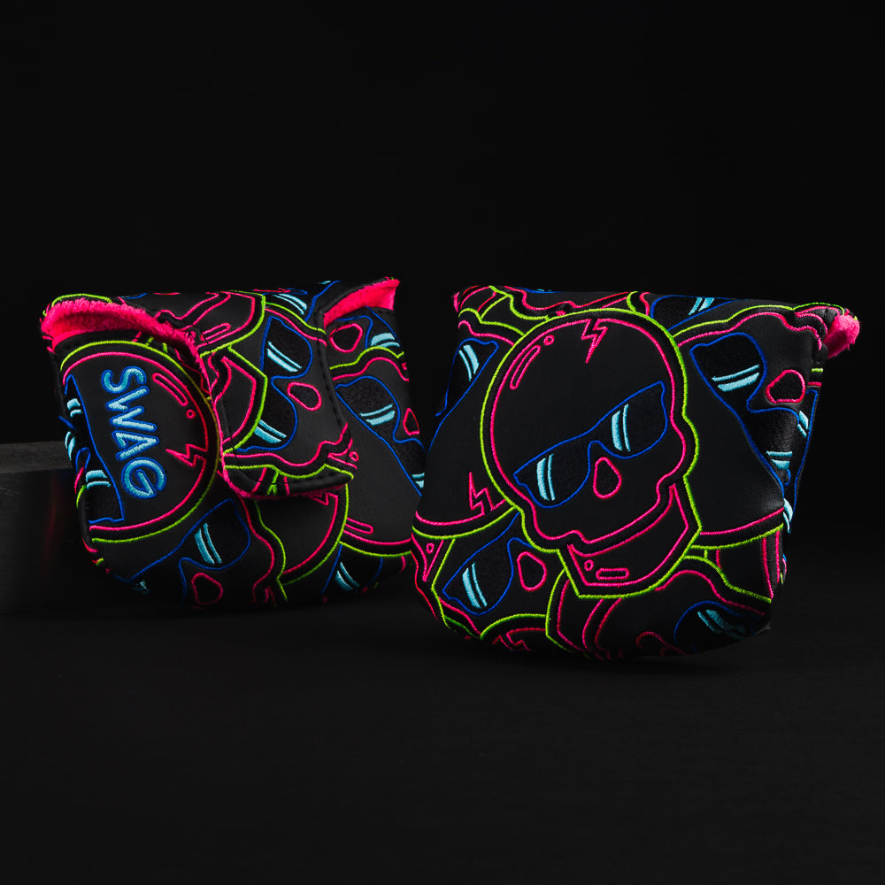 Eclipse Stacked Swag skulls 2.0 black, pink, green and blue mallet putter golf club head cover made in the USA.