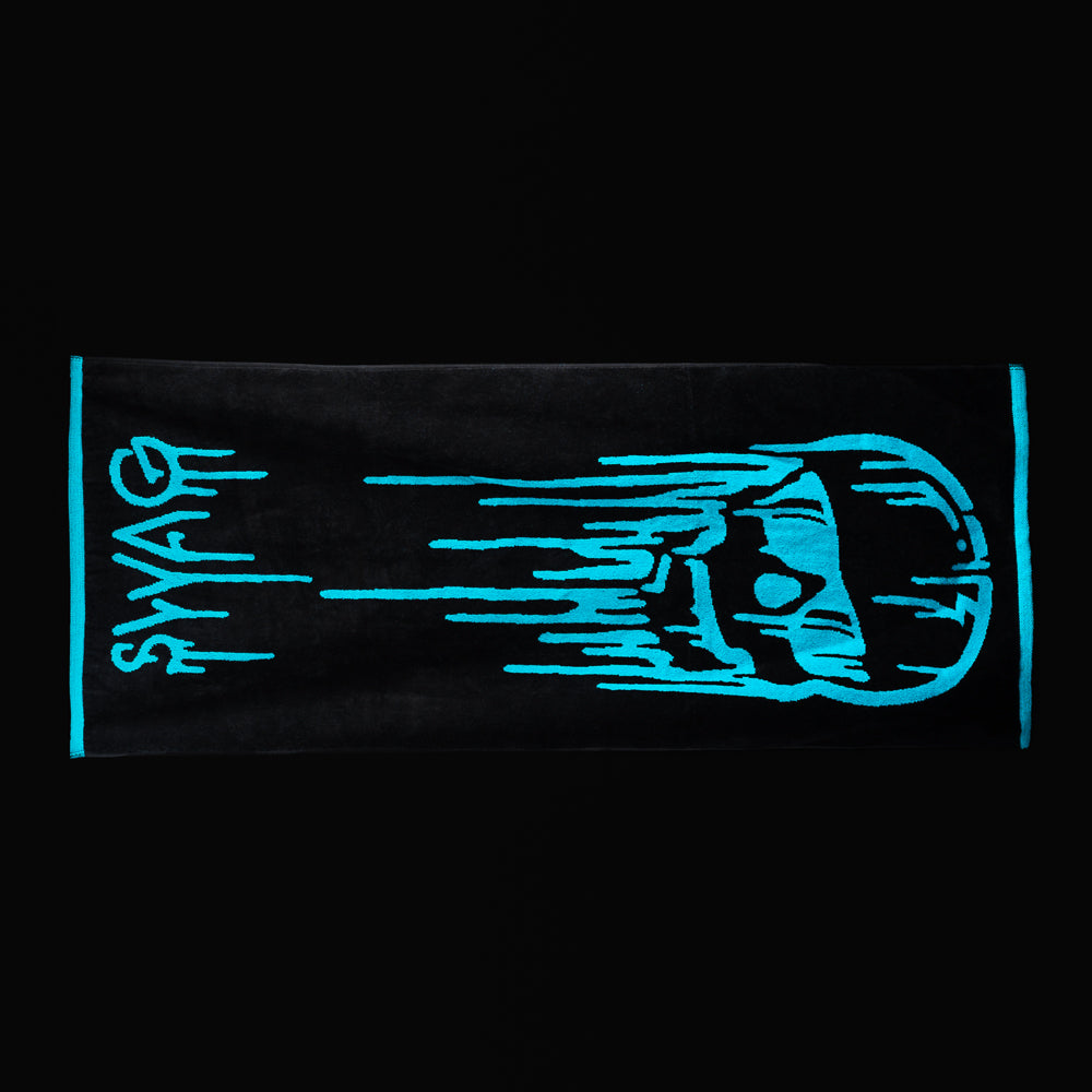 Swag dripping skull black golf towel with teal blue accents.