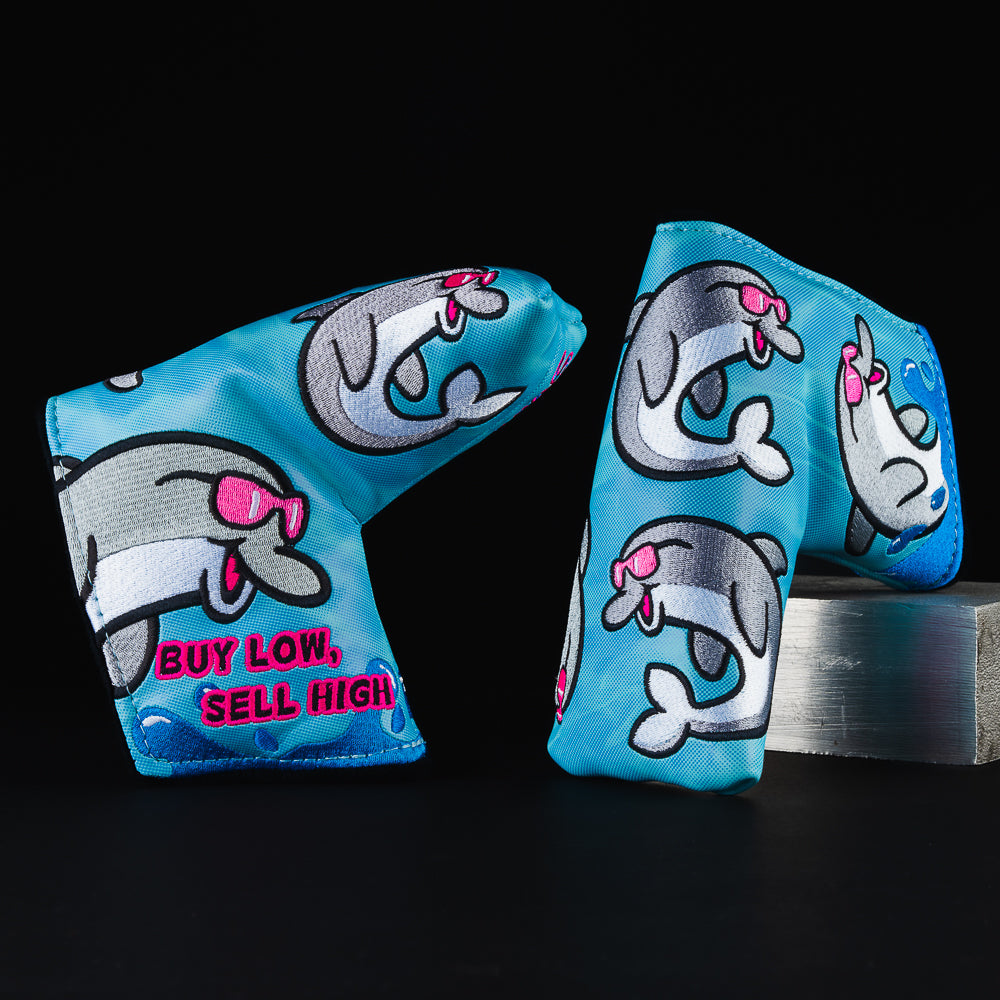 Scattered flipper blue dolphin themed blade putter golf club head cover made in the USA.