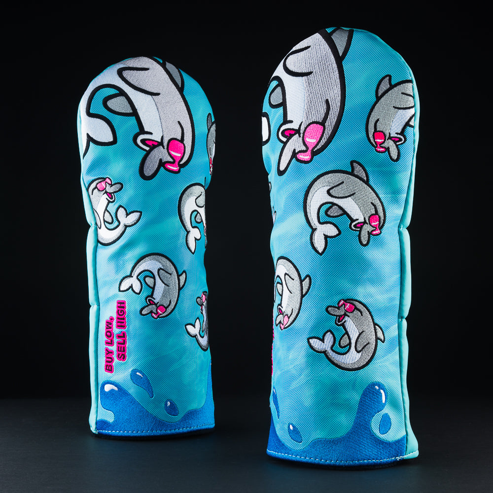 Scattered flipper blue dolphin themed driver golf club head cover made in the USA.