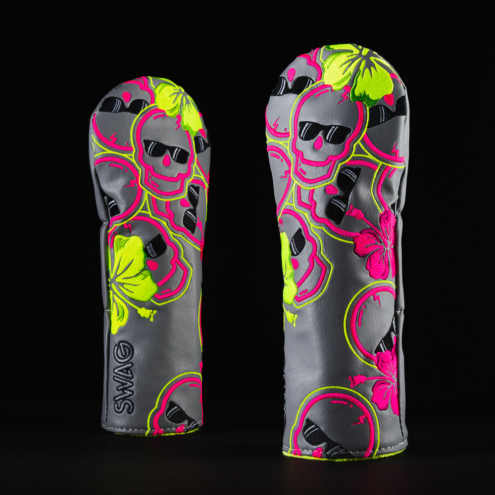 Hibiscus floral falling skulls gray fairway golf club head cover made in the USA.