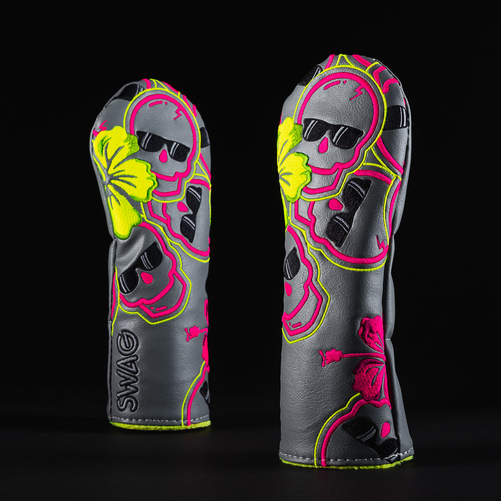 Hibiscus floral falling skulls gray hybrid golf club head cover made in the USA.