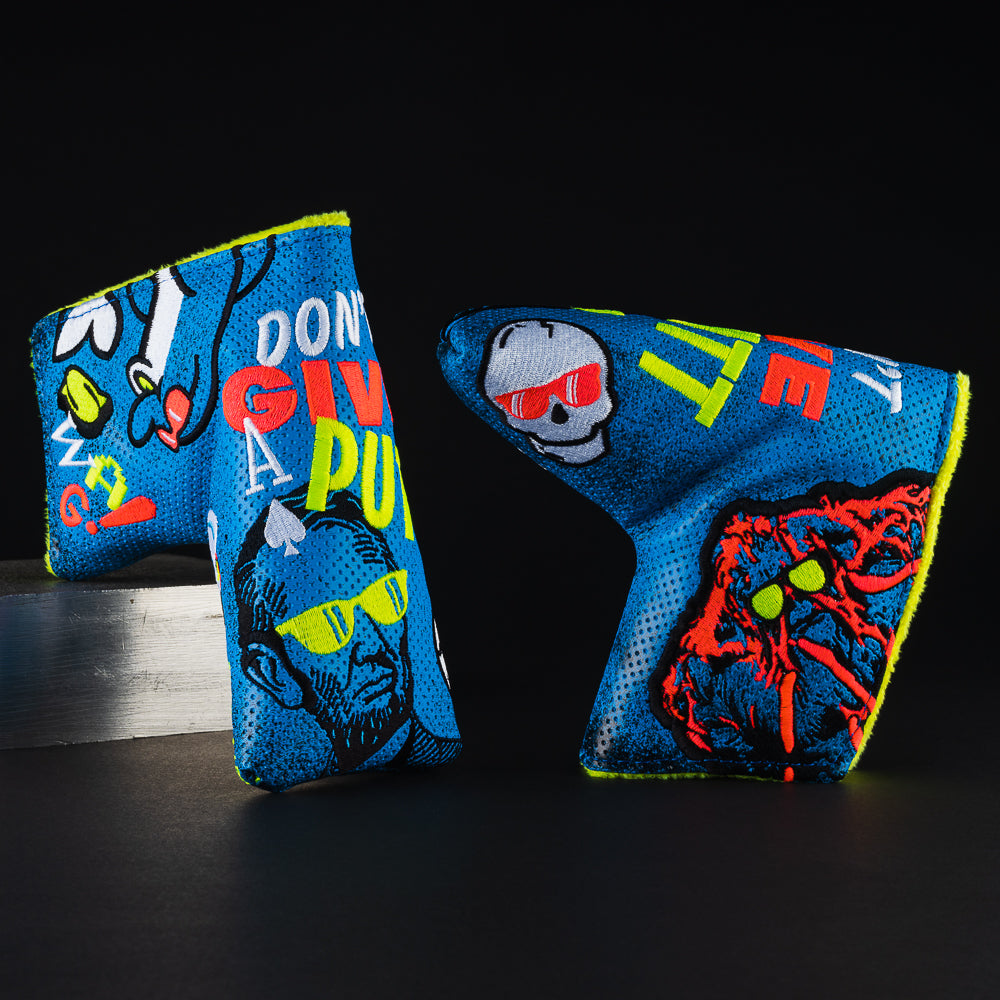 Swag greatest hits designs blue and yellow blade putter golf club head cover made in the USA.