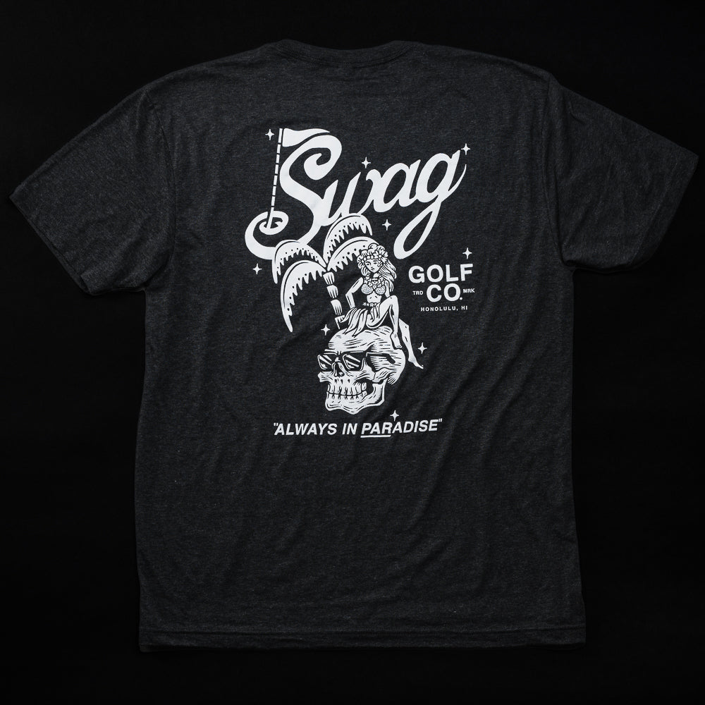 Swag Golf black short sleeve t-shirt with hula girl and skull graphics.