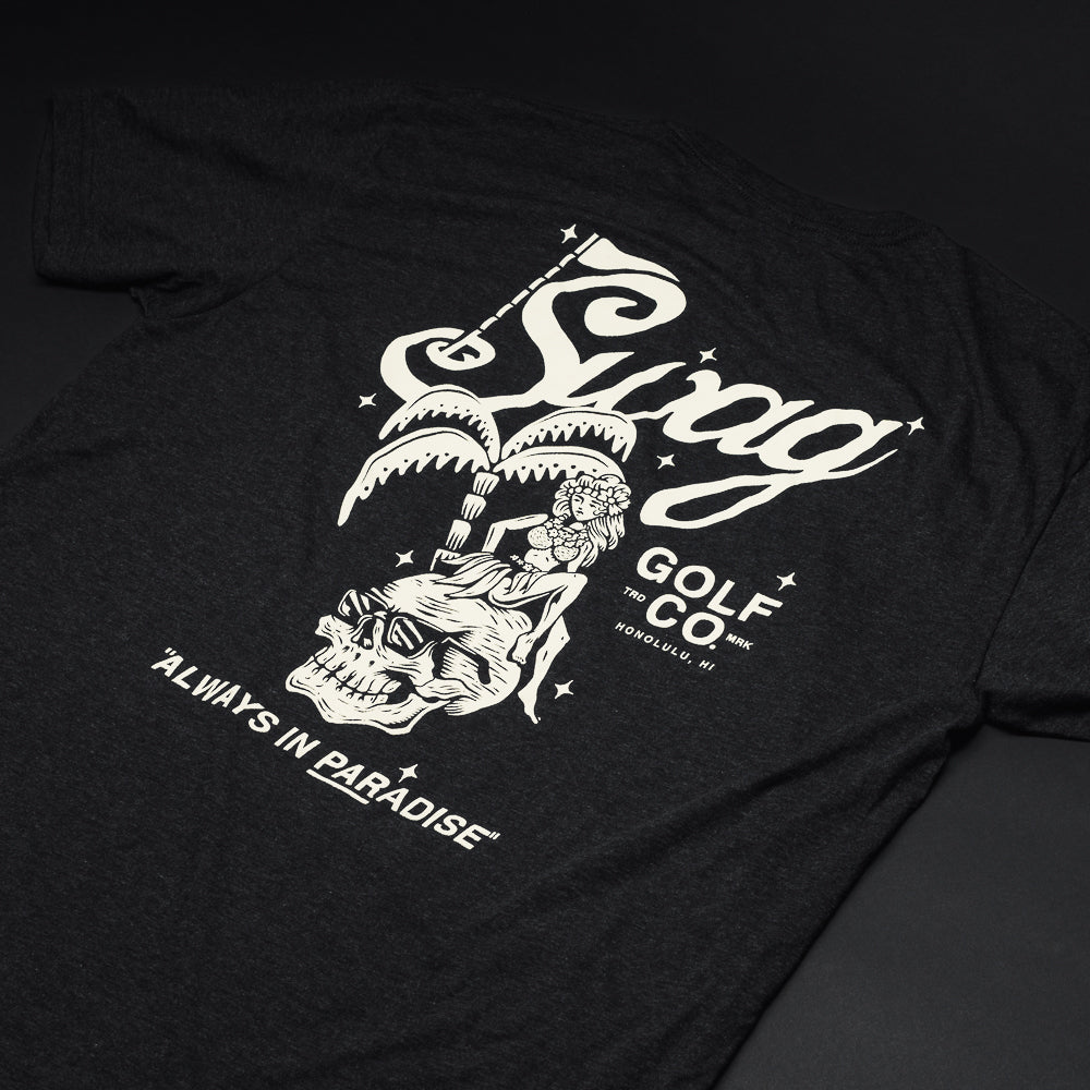 Swag Golf black short sleeve t-shirt with hula girl and skull graphics.