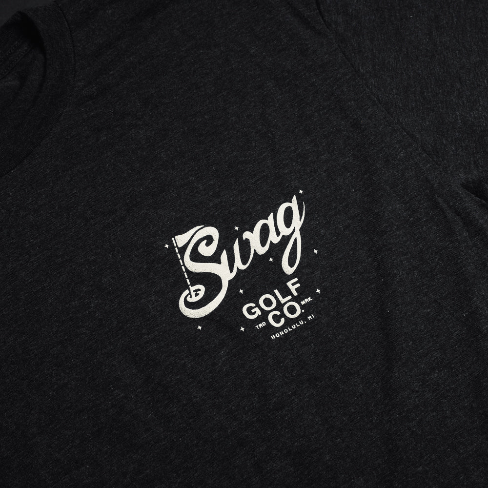 Swag Golf black short sleeve t-shirt with hula girl and skull graphics.