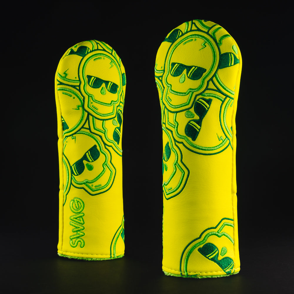 Neon yellow and green falling Swag skull hybrid golf club head cover made in the USA.
