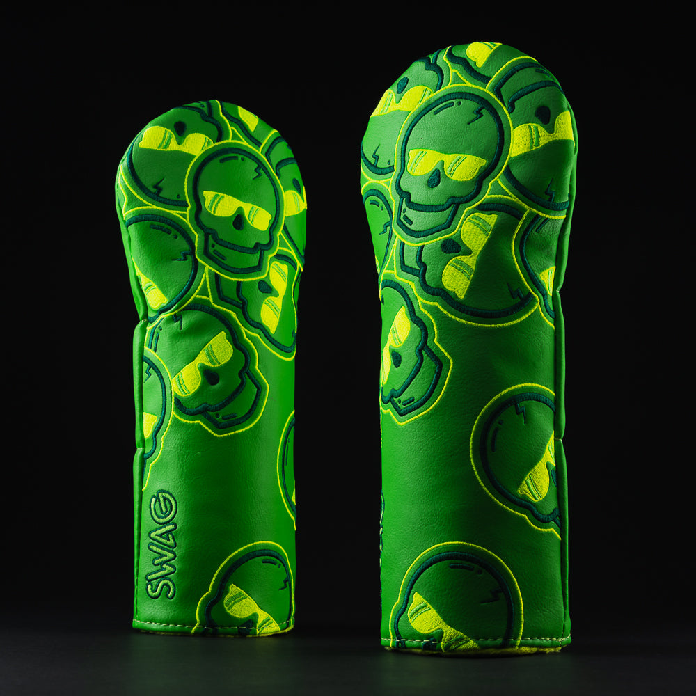 Neon falling skulls green and yellow fairway golf club head cover made in the USA.
