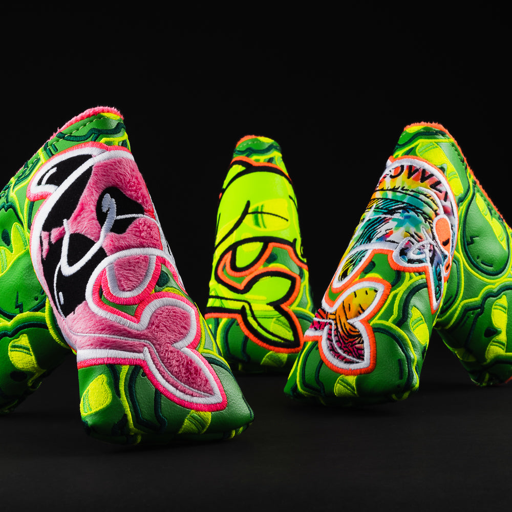 Recycled flipper patch green blade putter golf club head cover made in the USA.