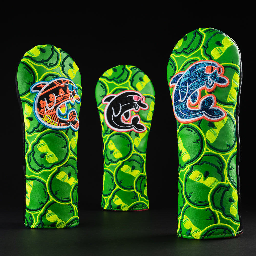 Recycled flipper patch green driver golf club head cover made in the USA.