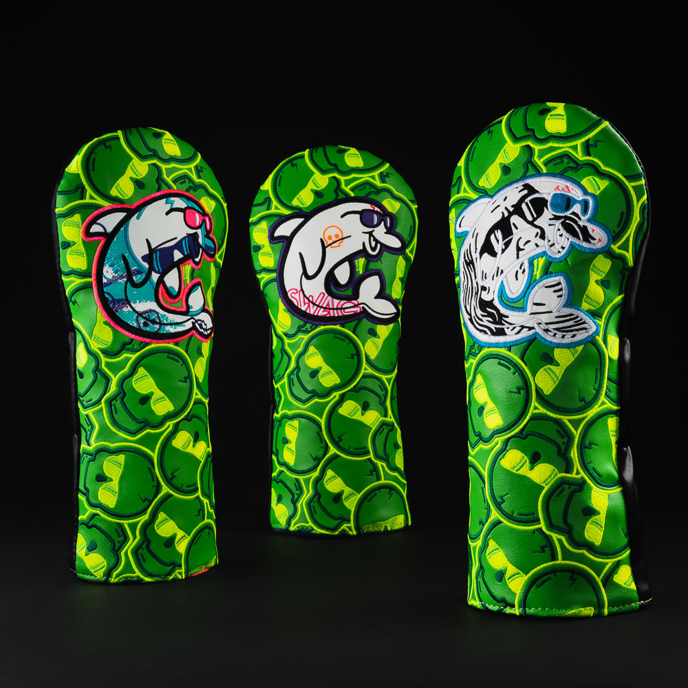 Recycled flipper patch green fairway golf club head cover made in the USA.