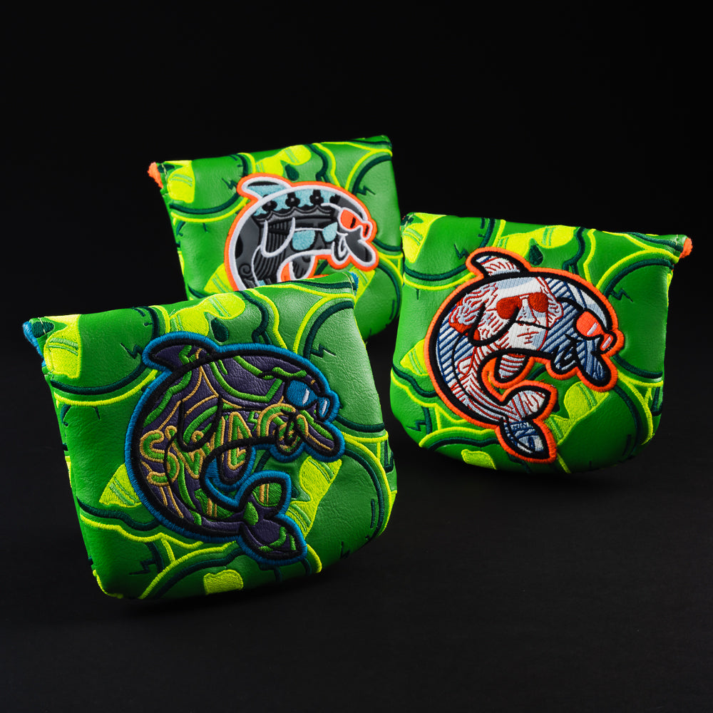 Recycled flipper patch green mallet putter golf club head cover made in the USA.