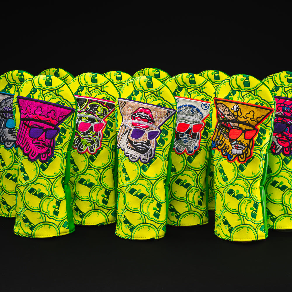 Recycled king yellow and green driver golf club head cover made in the USA.