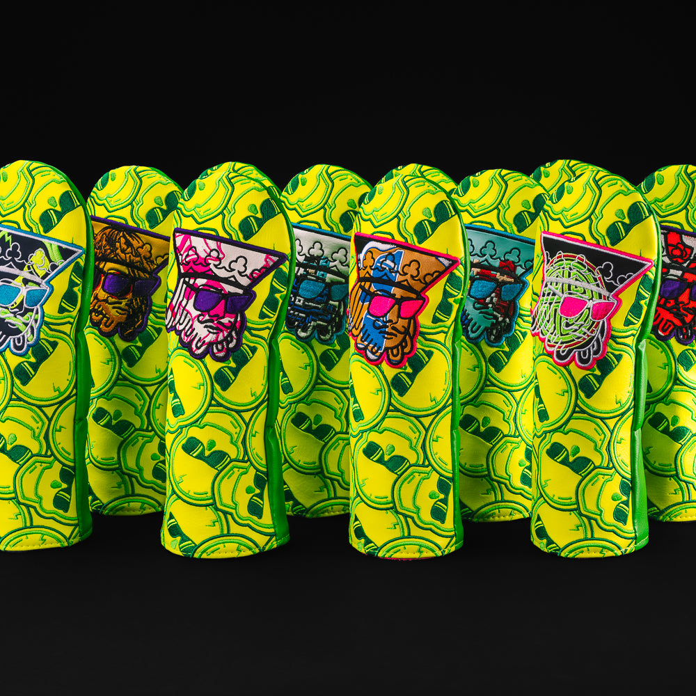 Recycled king green and yellow fairway golf club head cover made in the USA.