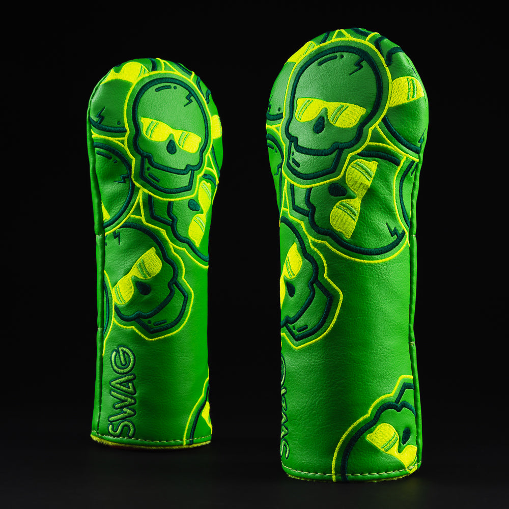 Neon falling skulls green and yellow hybrid golf club head cover made in the USA.
