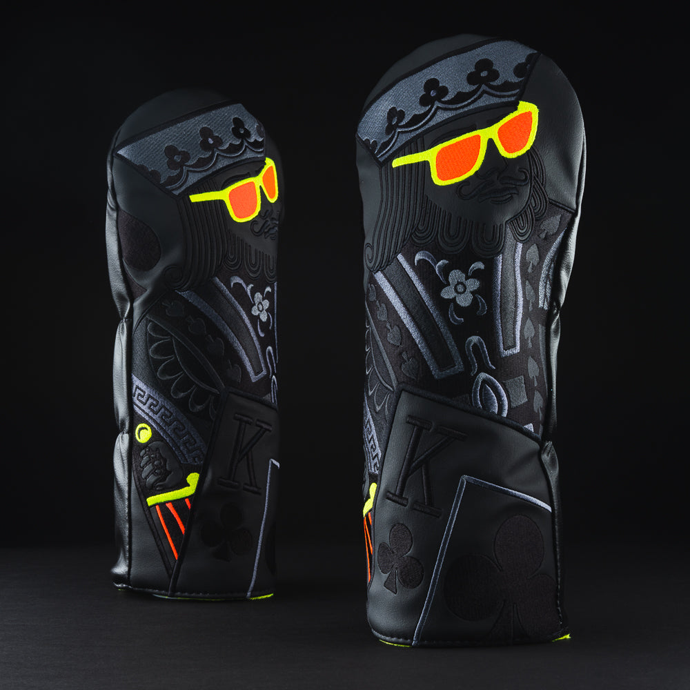 King of Swag black eclipse orange and bolt driver golf club head cover made in the USA.