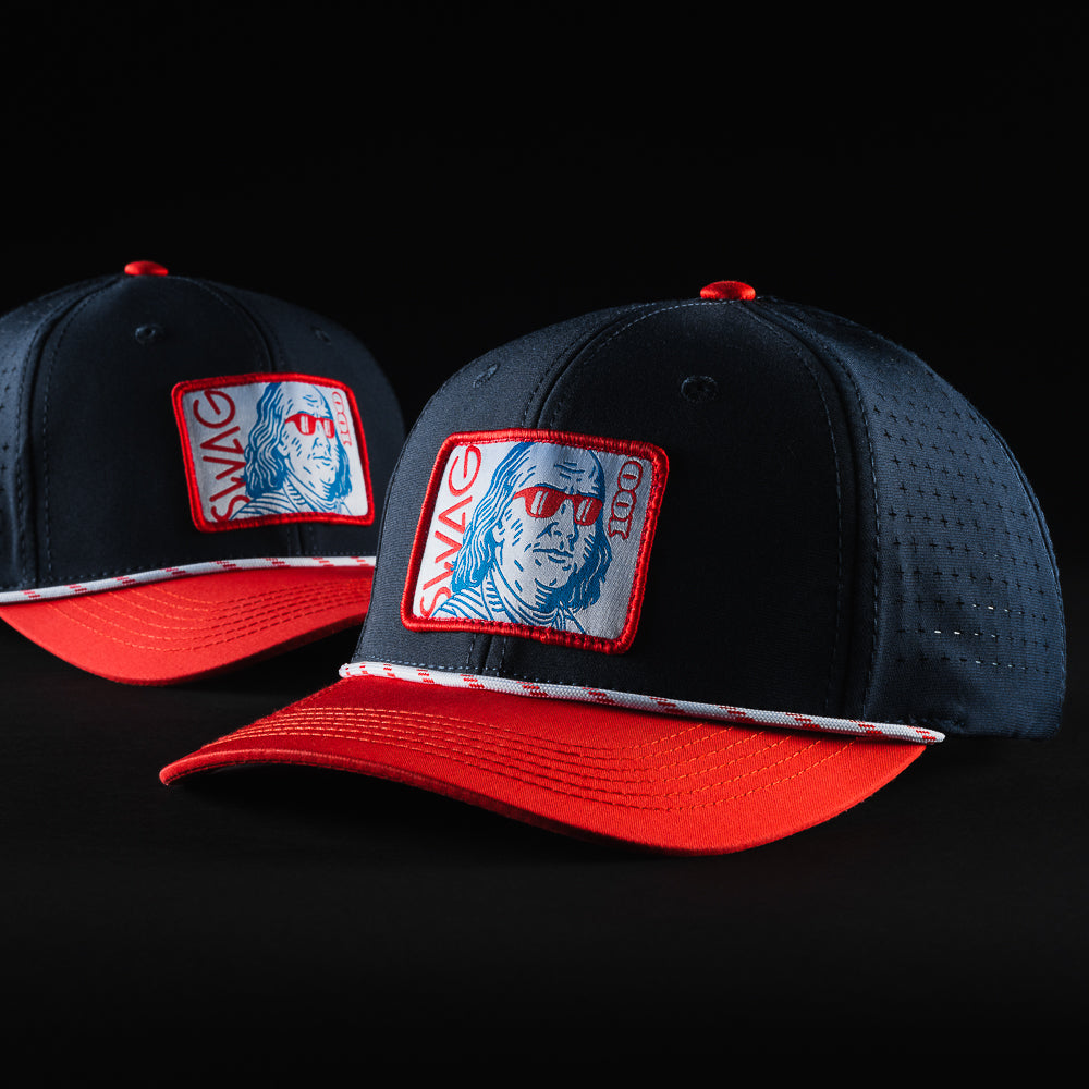 Swag X UNRL Franklin patch rope snapback men's red and black performance hat.