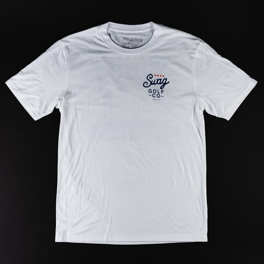 Swag Golf Co white T-shirt with logo on front and large putter graphic on the back.