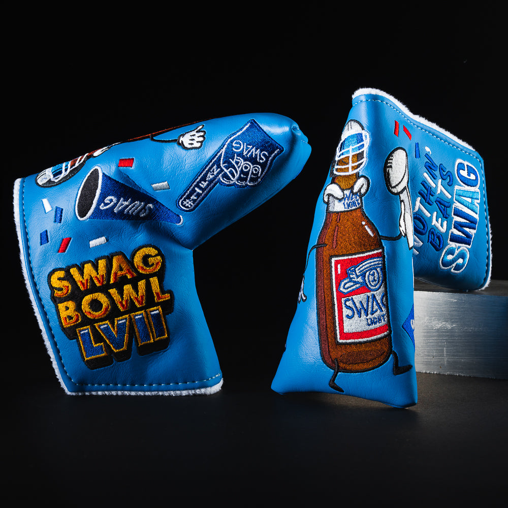 Swag Bowl LVII blue football themed blade putter golf club head cover made in the USA.