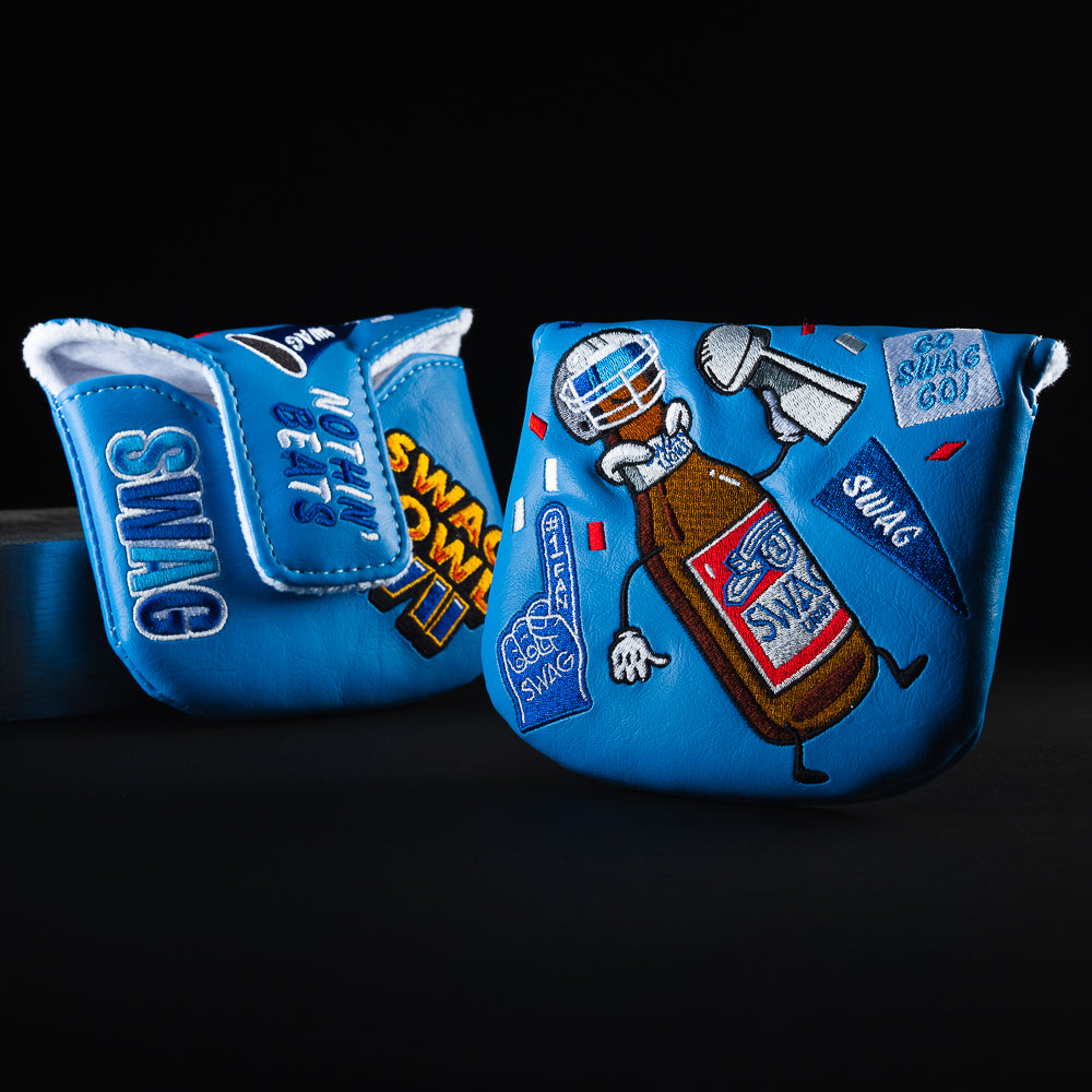 Swag Bowl LVII blue football themed mallet putter golf club head cover made in the USA.