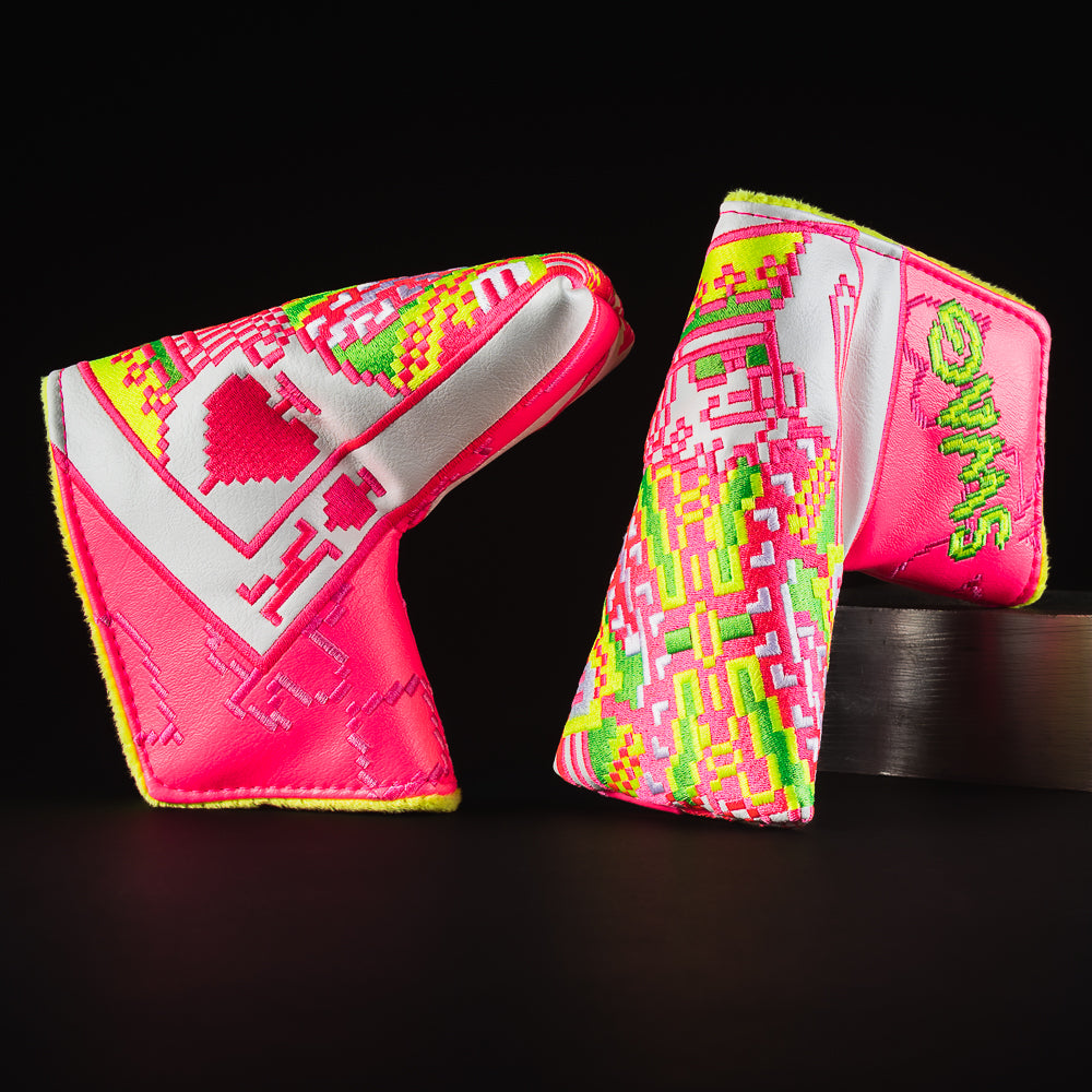 Pink 8-bit King blade putter golf club head cover made in the USA.
