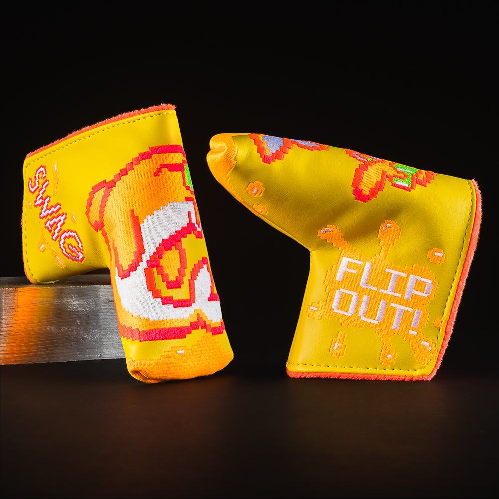 Yellow flipper 8-bit blade putter golf club head cover made in the USA.