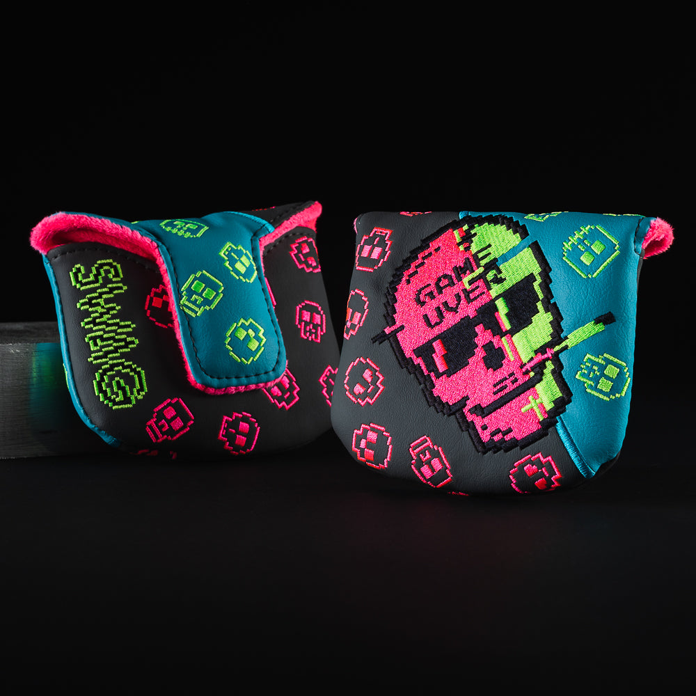 Glitched game over mallet golf club head cover made in the USA.