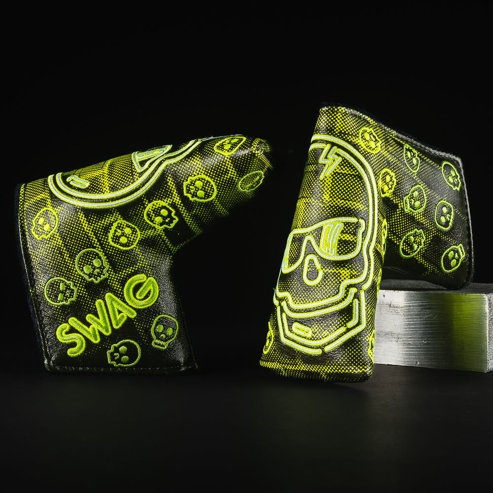 Black and neon green Swag skull blade golf putter head cover made in the USA.