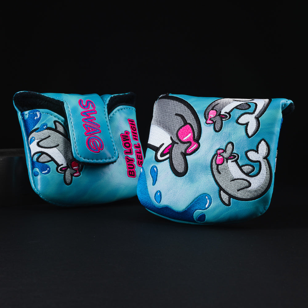 Scattered flipper blue dolphin themed mallet putter golf club head cover made in the USA.