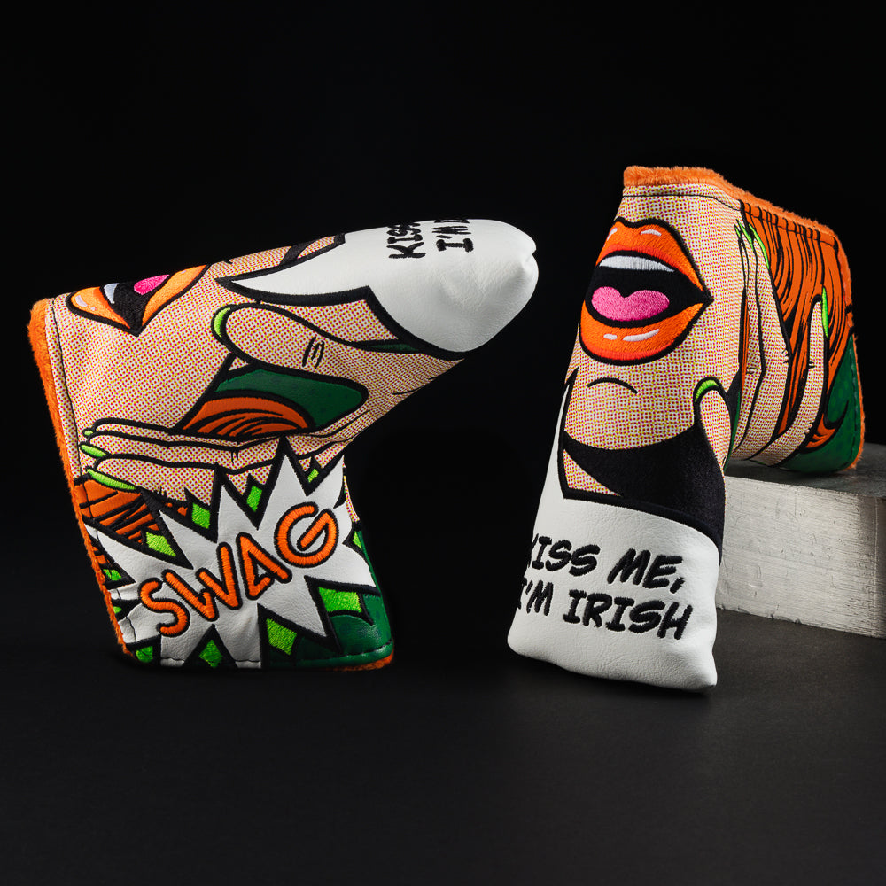 Swagatha kiss me I'm Irish phrase blade putter golf club head cover made in the USA.