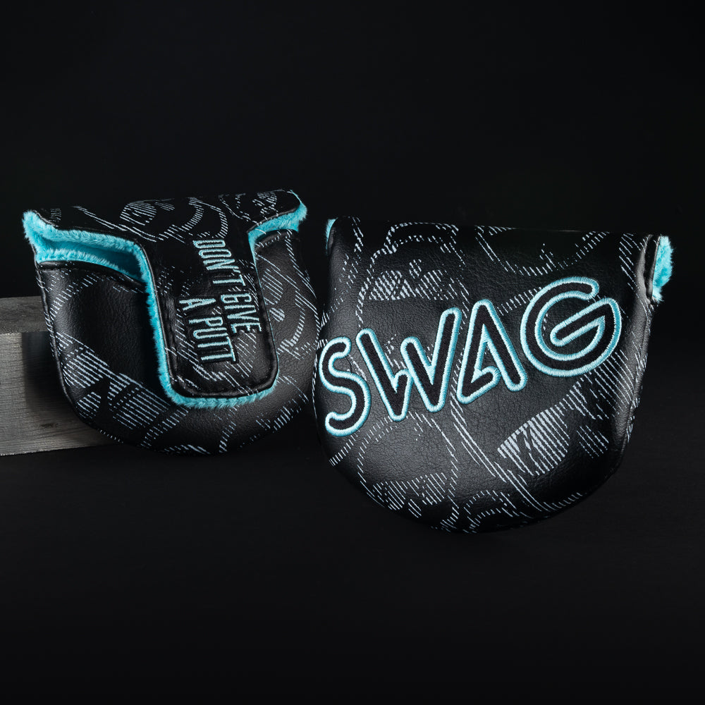 The Boss black and blue skull print mallet putter golf club head cover made in the USA.