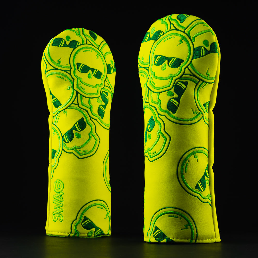 Neon falling skulls green and yellow fairway golf club head cover made in the USA.