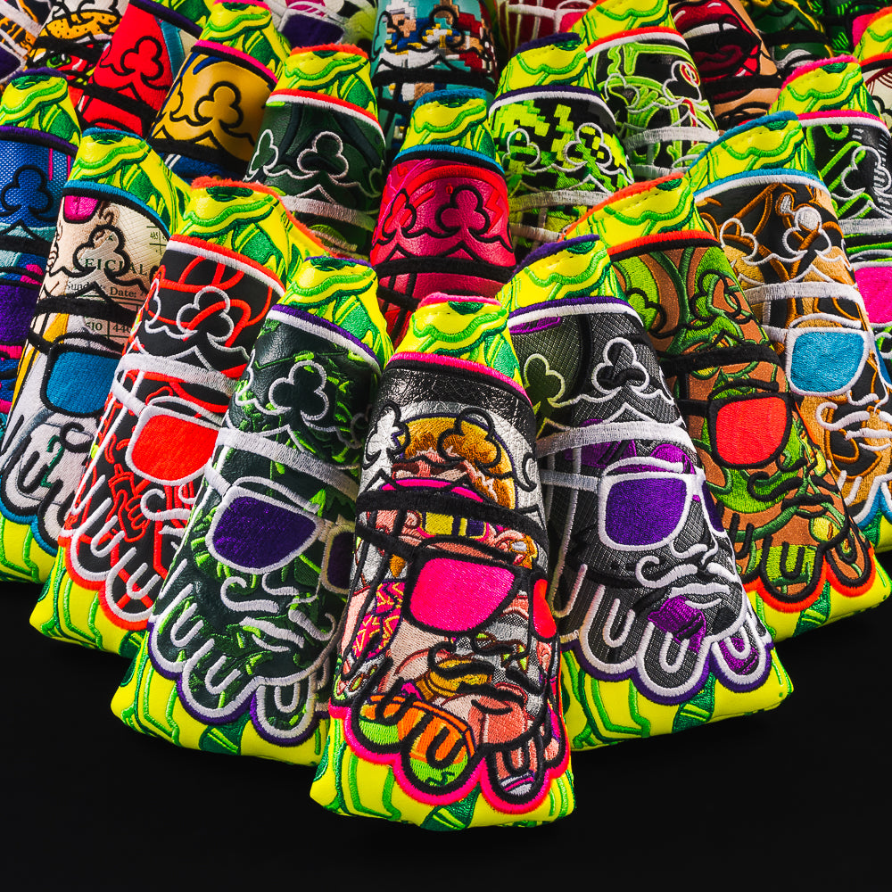 Recycled king yellow and green blade putter golf club head cover made in the USA.