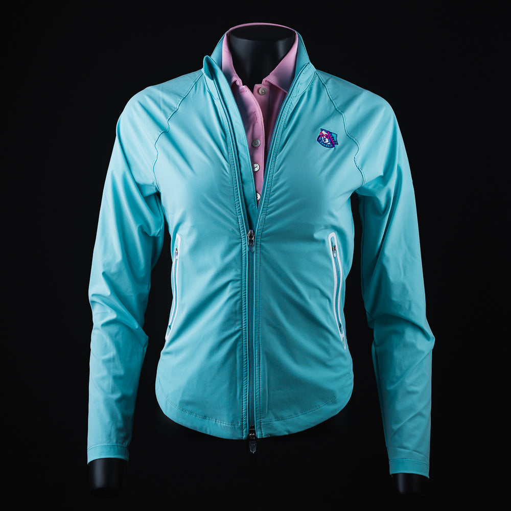 Women's teal full zip long sleeve jacket.