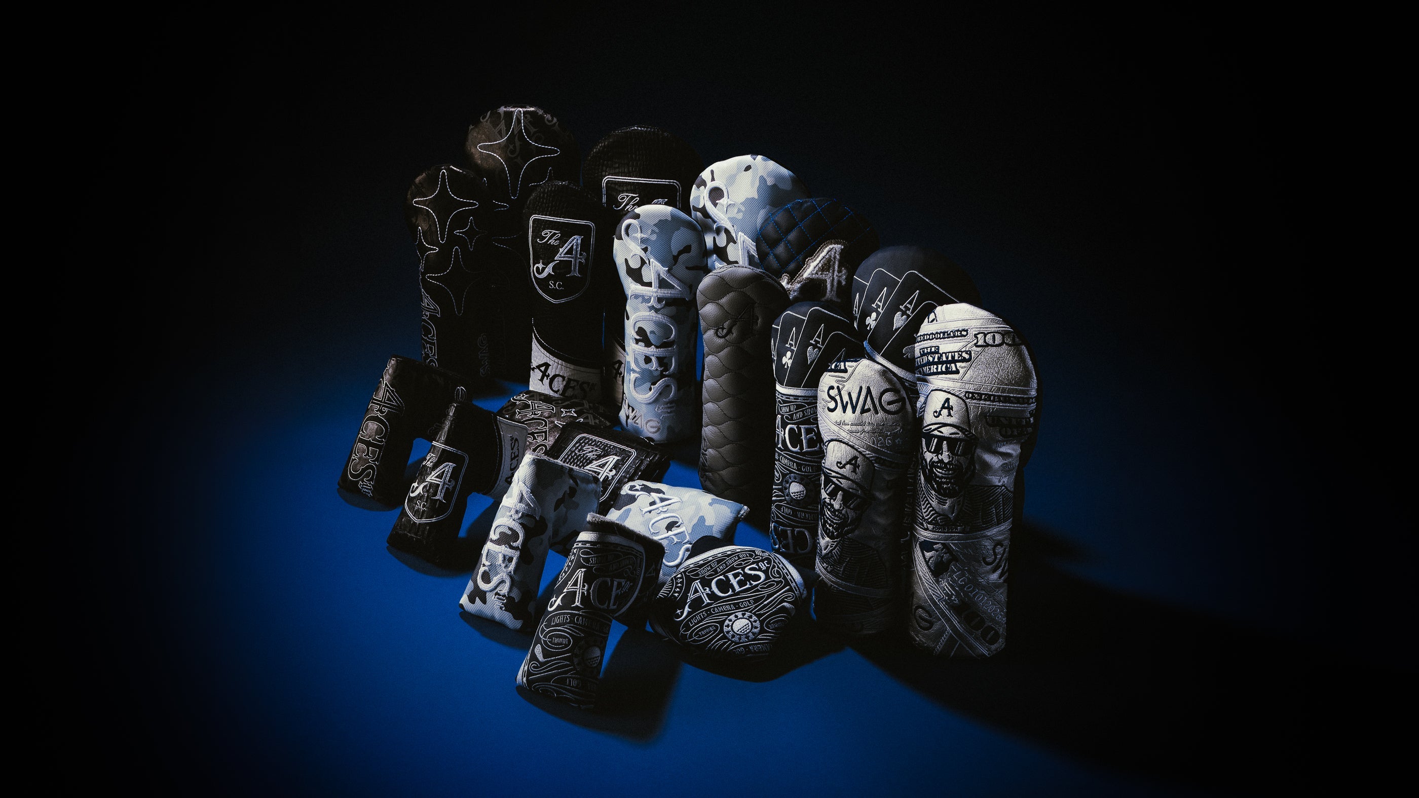SWAG Golf x 4Aces official golf gear featuring headcovers.