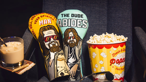 Rewind Golf x The Big Lebowski official golf headcover collection featuring iconic movie scenes.