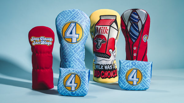 Rewind Golf x Anchorman official golf headcover collection featuring iconic movie scenes.
