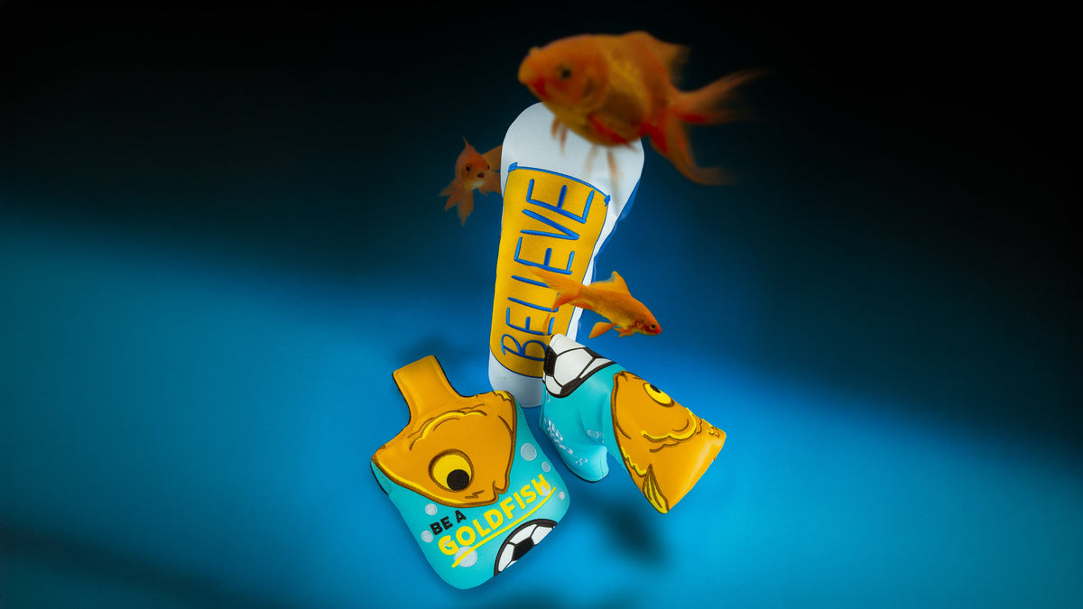Rewind Golf x Ted Lasso official golf headcover collection featuring Be A Goldfish and Believe themed gear.