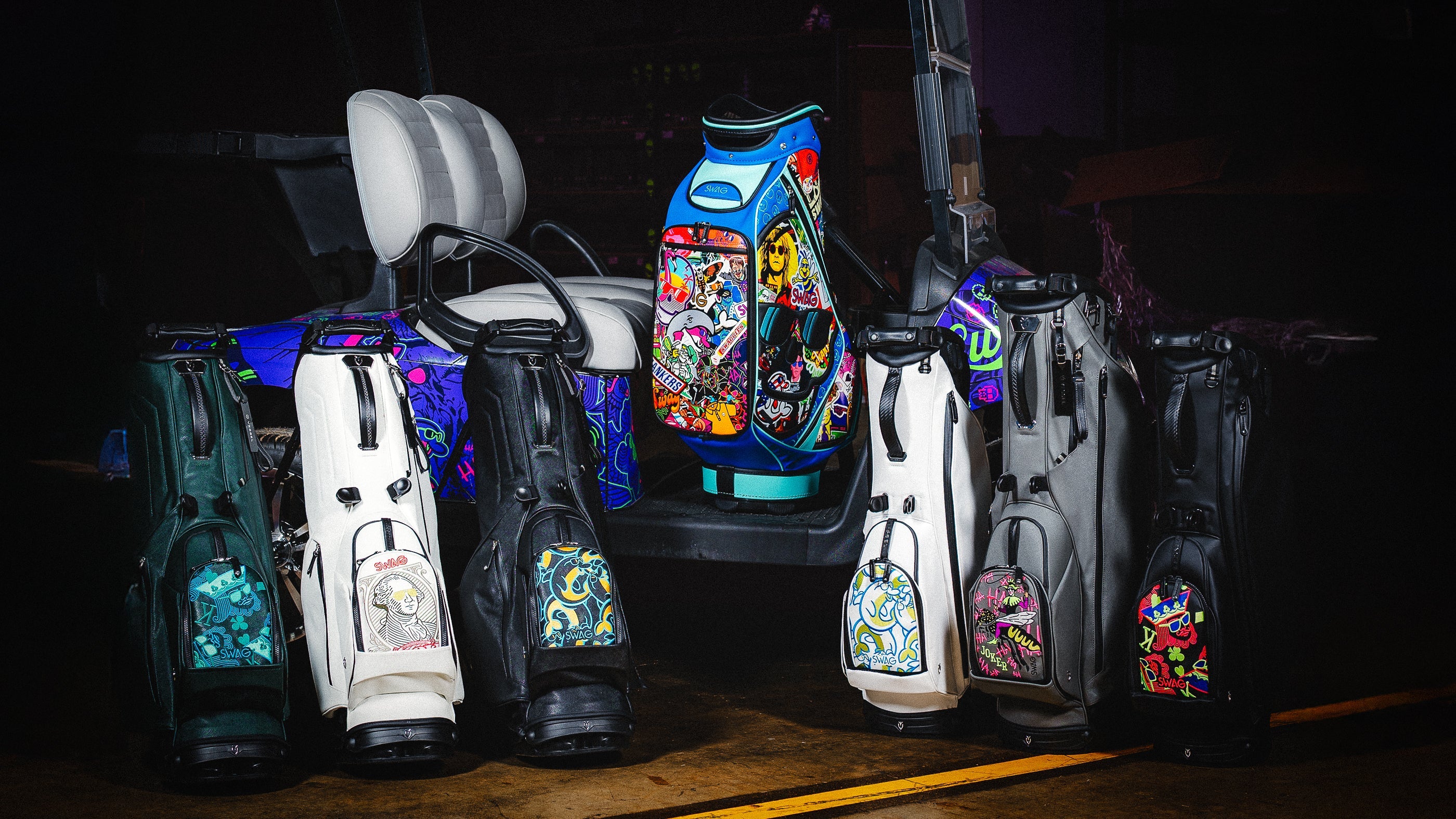 Golf bags by Swag Golf Co. featuring collabs with Vessel that include stand and staff bags.