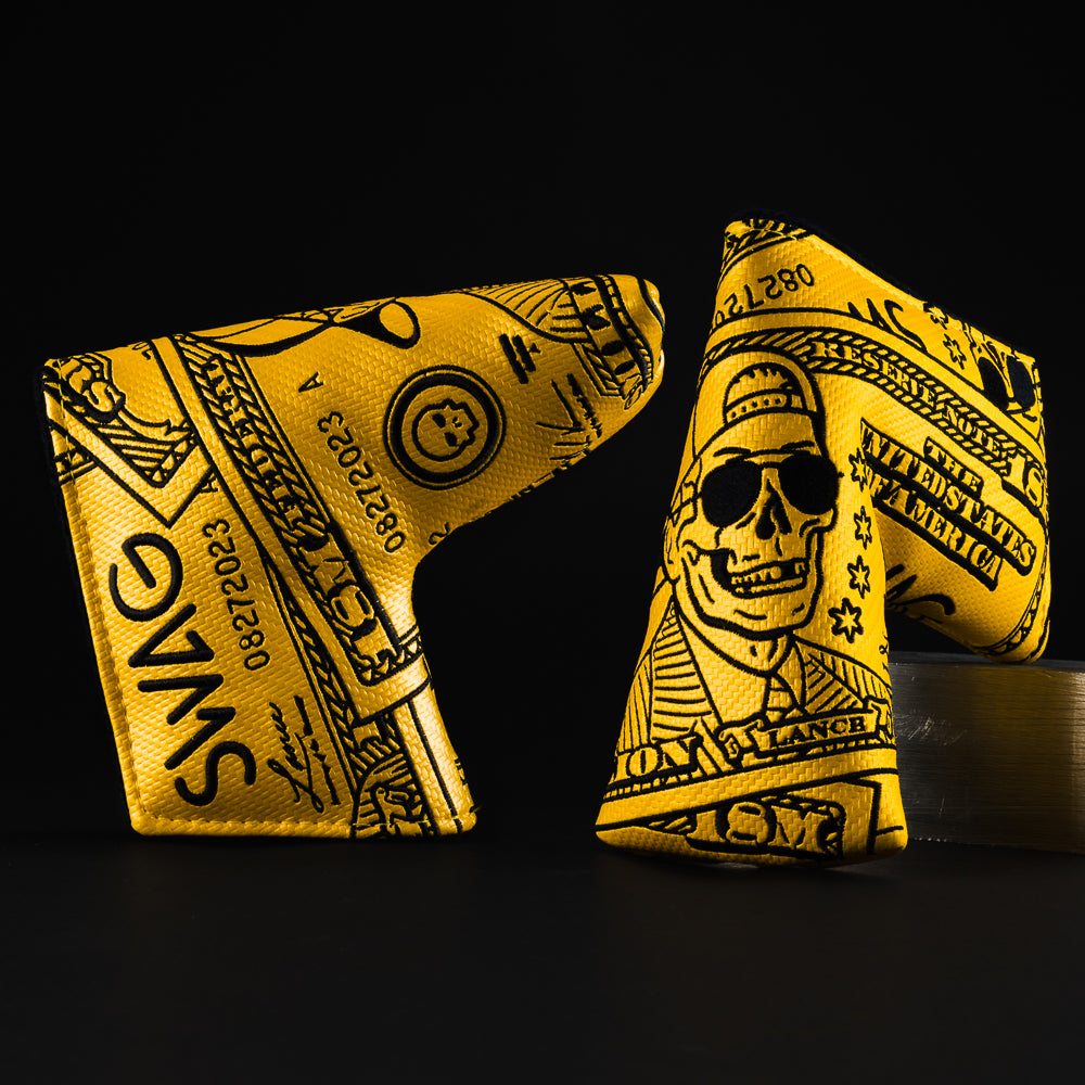 Eighteen Million Dollar bill themed yellow and black blade putter golf head cover made in the USA.