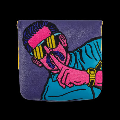 Rewind Golf x Happy Gilmore official In My World Now Grandma purple, pink, and yellow center shafted XL mallet golf headcover.