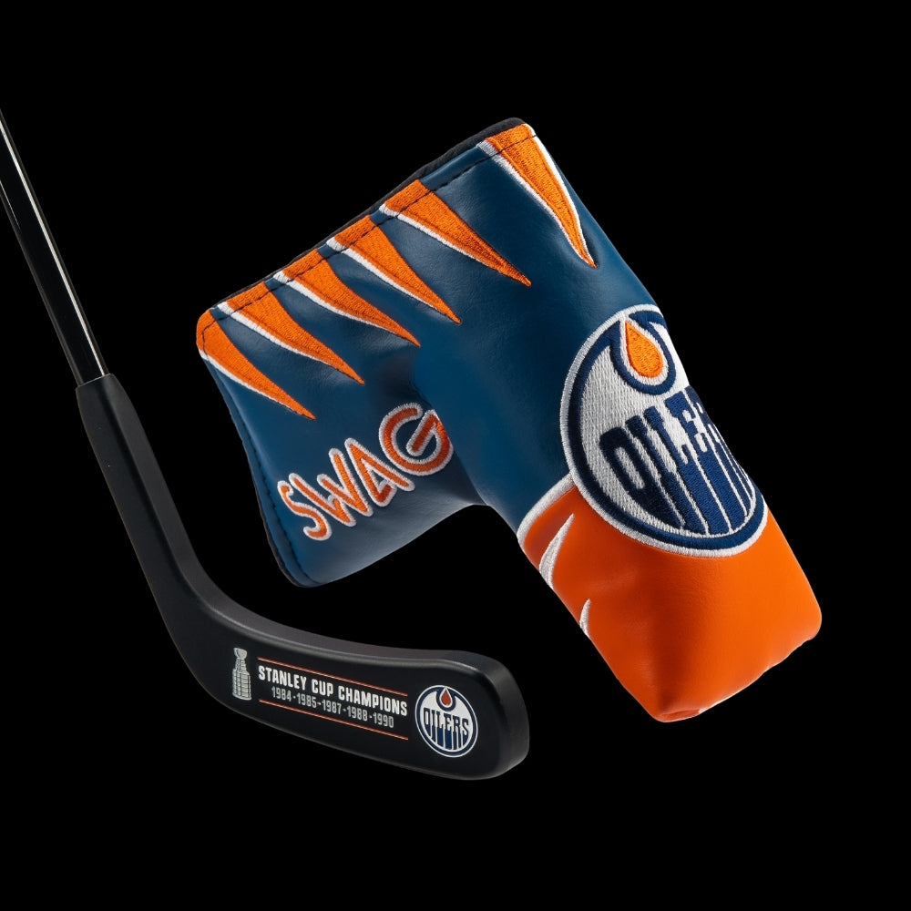 Edmonton Oilers Hockey Blade Putter head inscribed Stanley Cup Champions with years they won it all. Oilers jersey blade cover. 