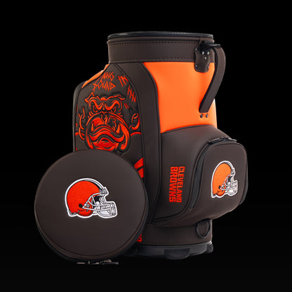 Cleveland Browns Den Caddy Cooler displayed with the removable embroidered lid beside the cooler.