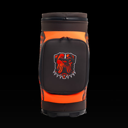 Front view of the SWAG Golf Cleveland Browns Den Caddy Cooler with an embroidered Browns bulldog on the front pocket.