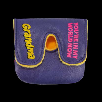 Rewind Golf x Happy Gilmore official In My World Now Grandma purple, pink, and yellow center shafted XL mallet golf headcover.